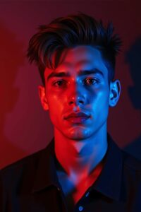 Moody cinematic male portrait featuring a leather jacket and raw emotional expression