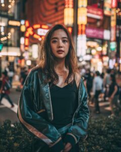 Cinematic urban portrait in a modern city setting with professional photography look