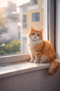 ai image prompts for beginners realistic photography of a cozy orange cat on a window sill with natural lighting
