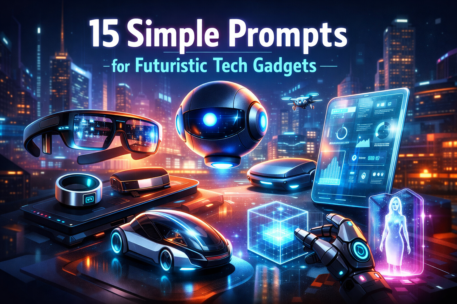 15 simple prompts for futuristic tech gadgets showing AI devices, holograms, and future technology concepts