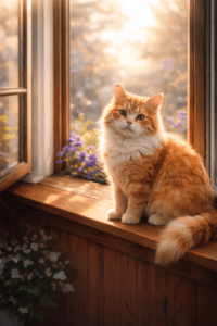 ai image prompts for beginners example showing a fluffy orange cat sitting on a wooden window sill in soft morning light
