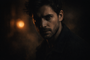 Cinematic portrait of a man in his early 30s, intense gaze, half-lit face