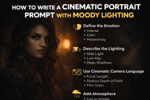Cinematic portrait showing moody lighting and dramatic shadows used in AI portrait prompts