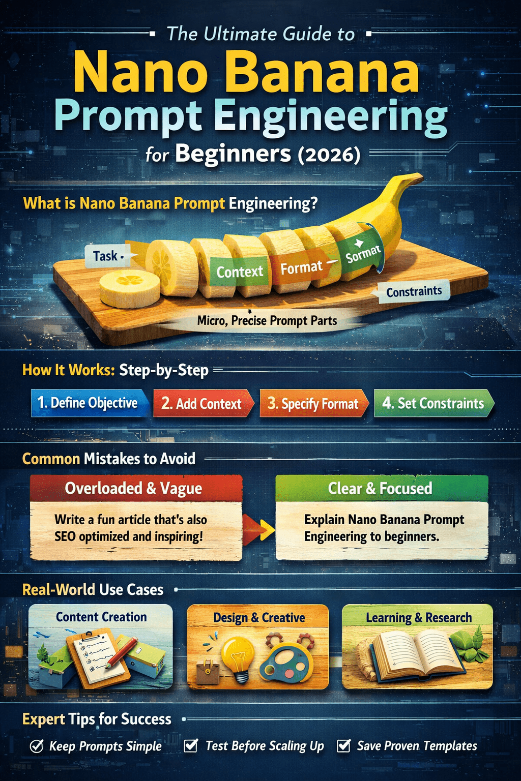 Visual guide showing nano banana prompt engineering structure and workflow