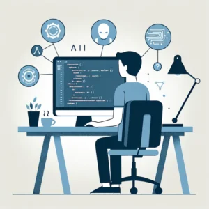 AI-powered illustration showing a beginner learning programming on a laptop