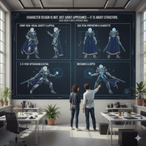 Character design is not just about appearance—it is about structure. Each view plays a specific role.