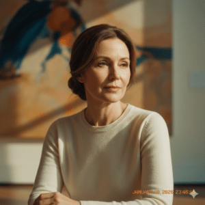 A composed middle-aged woman with a calm expression and refined postur