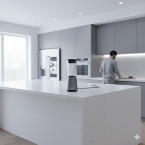 Wide-angle shot of a modern smart kitchen featuring an AI-generated product on a sleek island with under-cabinet LED lighting and a blurred background.