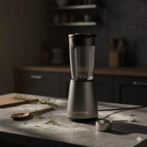 Cinematic close-up of an AI-generated kitchen appliance on a slate countertop with scattered flour, rosemary, and dramatic side-lighting.