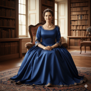 A noble woman in her early thirties, calm expression, seated posture