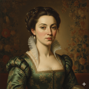 Renaissance portrait of an elegant woman wearing historical silk clothing