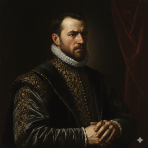 Renaissance-style oil painting portrait of a serious man