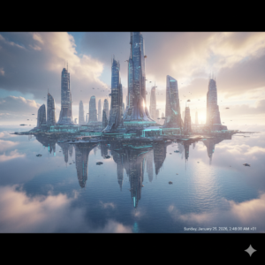 Futuristic floating city above the ocean
