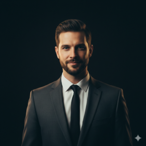 Cinematic portrait of a confident man, dark studio background, soft rim light, 85mm lens, ultra-realistic, film look