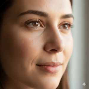 Beauty close-up AI portrait of a woman, natural expression, macro photography