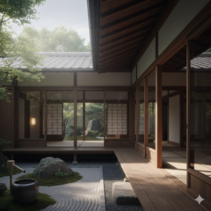 Traditional Japanese minimalist house with wooden textures