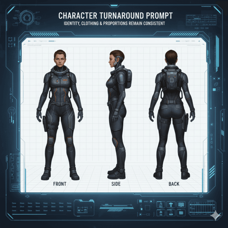 Character Turnaround AI Prompt: Front, Side & Back Views Guide