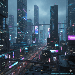 Cyberpunk city skyline with neon lights