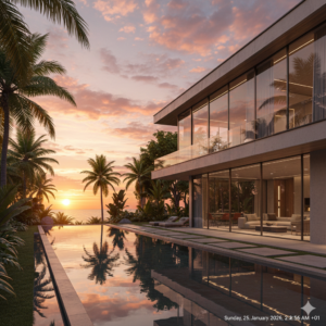 Modern luxury villa with large glass walls, infinity pool