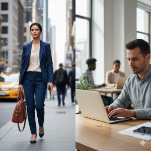 realistic full-body photo of a businesswoman walking in the city