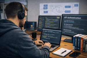 A software developer working on API authentication in a modern office