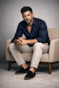 AI-generated studio portrait of a confident man in a navy blue dress shirt