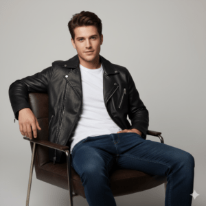 AI-generated casual portrait of a man in a black jacket and white t-shirt, captured in a relaxed yet stylish pose.