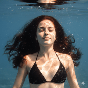 Hyper-realistic underwater portrait of a woman with long, flowing hair, illuminated by soft sunlight filtering through water