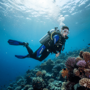 Dramatic underwater portrait of a man in a diving suit, with strong sunlight rays piercing through the deep blue water