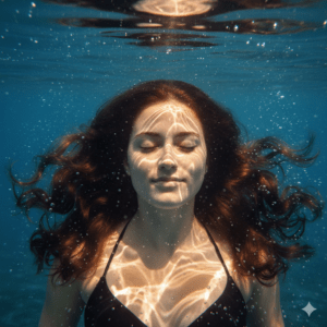 Close-up underwater portrait of a mystical mermaid with glowing skin and bioluminescent creatures swimming around her