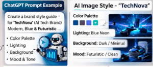 Illustration showing ChatGPT prompt to create brand style guide for AI images with color palette and AI robot