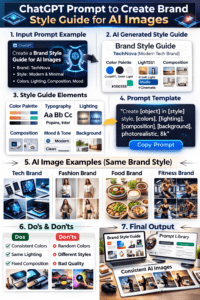 Visual concept of ChatGPT prompt to create brand style guide for AI images and consistent AI branding