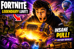 Create a cinematic Fortnite thumbnail featuring a shocked gamer