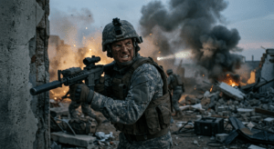 genart an image about : Realistic Call of Duty battle scene featuring an elite soldier, explosive combat zone, dramatic smoke effects, intense facial expression, cinematic action composition.