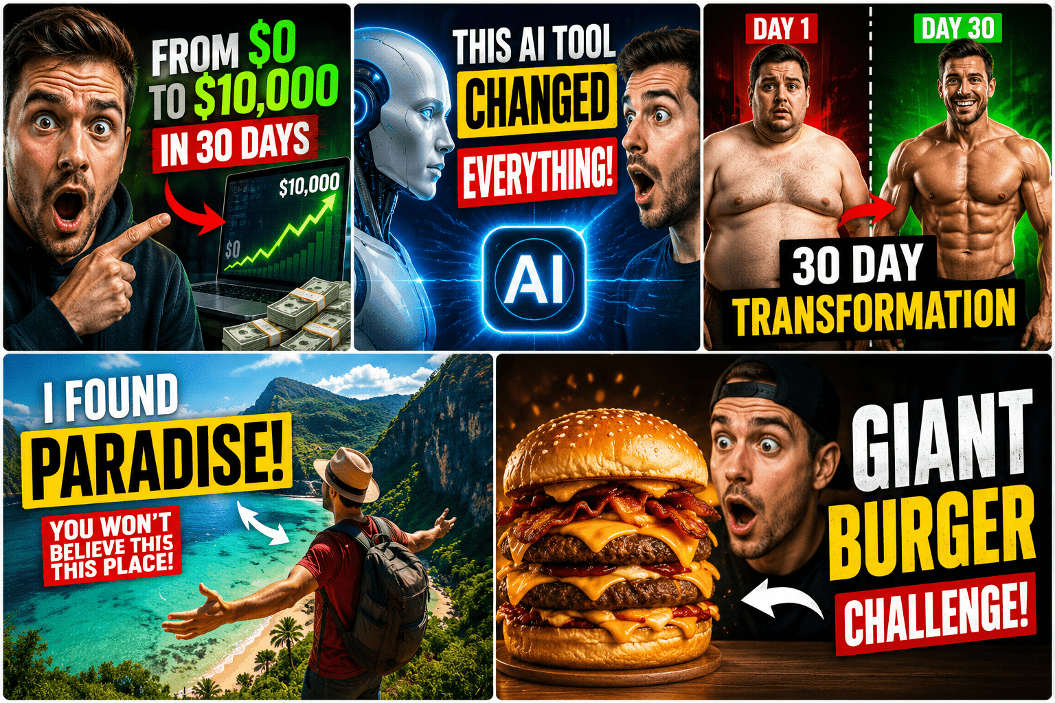 Collection of AI YouTube thumbnail examples for gaming, business, fitness, travel, and food videos